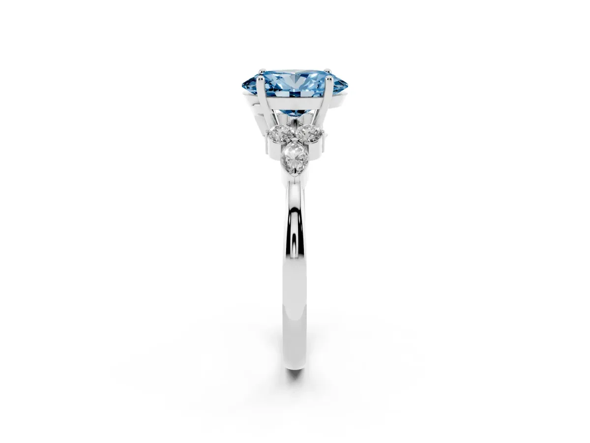 Fancy Blue Oval Cut Brilliant Diamond Solitaire Ring with Pear Side Stones and Four-Prong Setting Silver