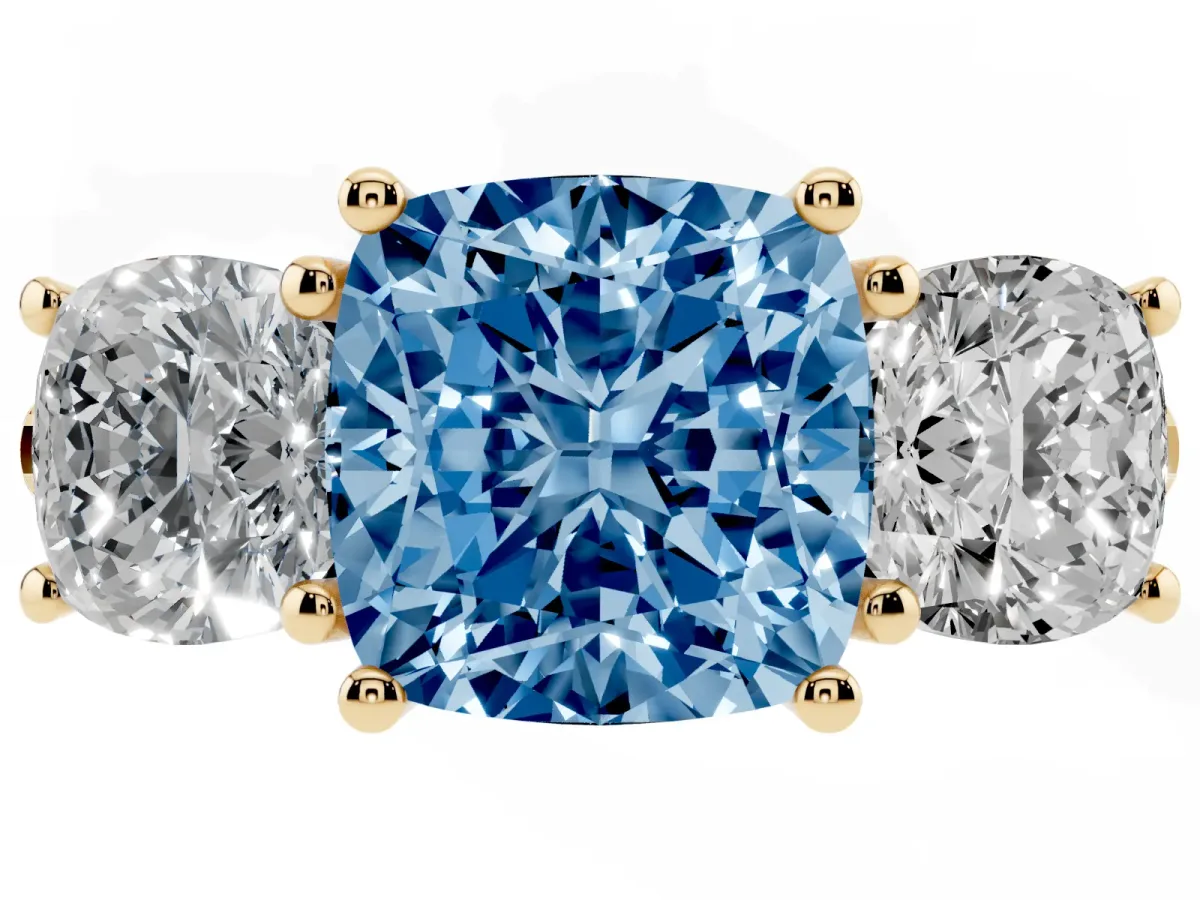 Fancy Blue Three-Stone Cushion Cut Diamond Ring with Round Pavé Band and Prong Setting Yellow gold