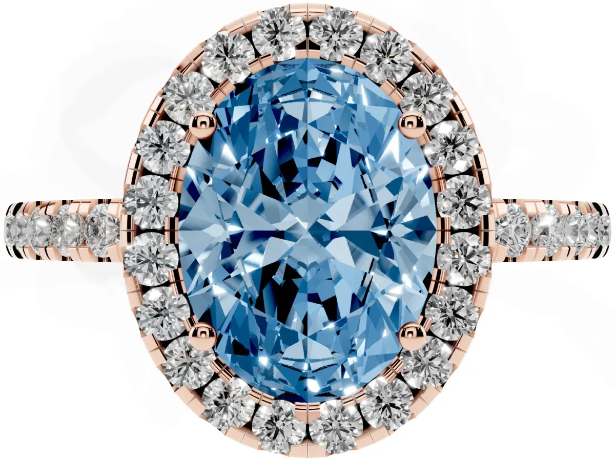 Fancy Blue Oval Cut Halo Diamond Engagement Ring with Pavé Band and Four-Prong Setting Rose gold