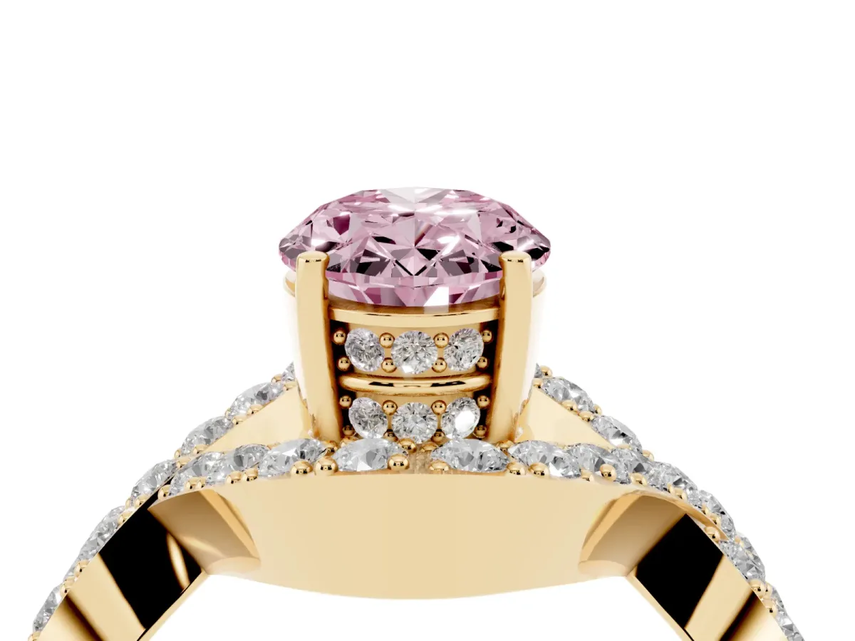 Fancy Pink Oval Cut Solitaire Twist Band Pavé Diamond Engagement Ring Yellow gold