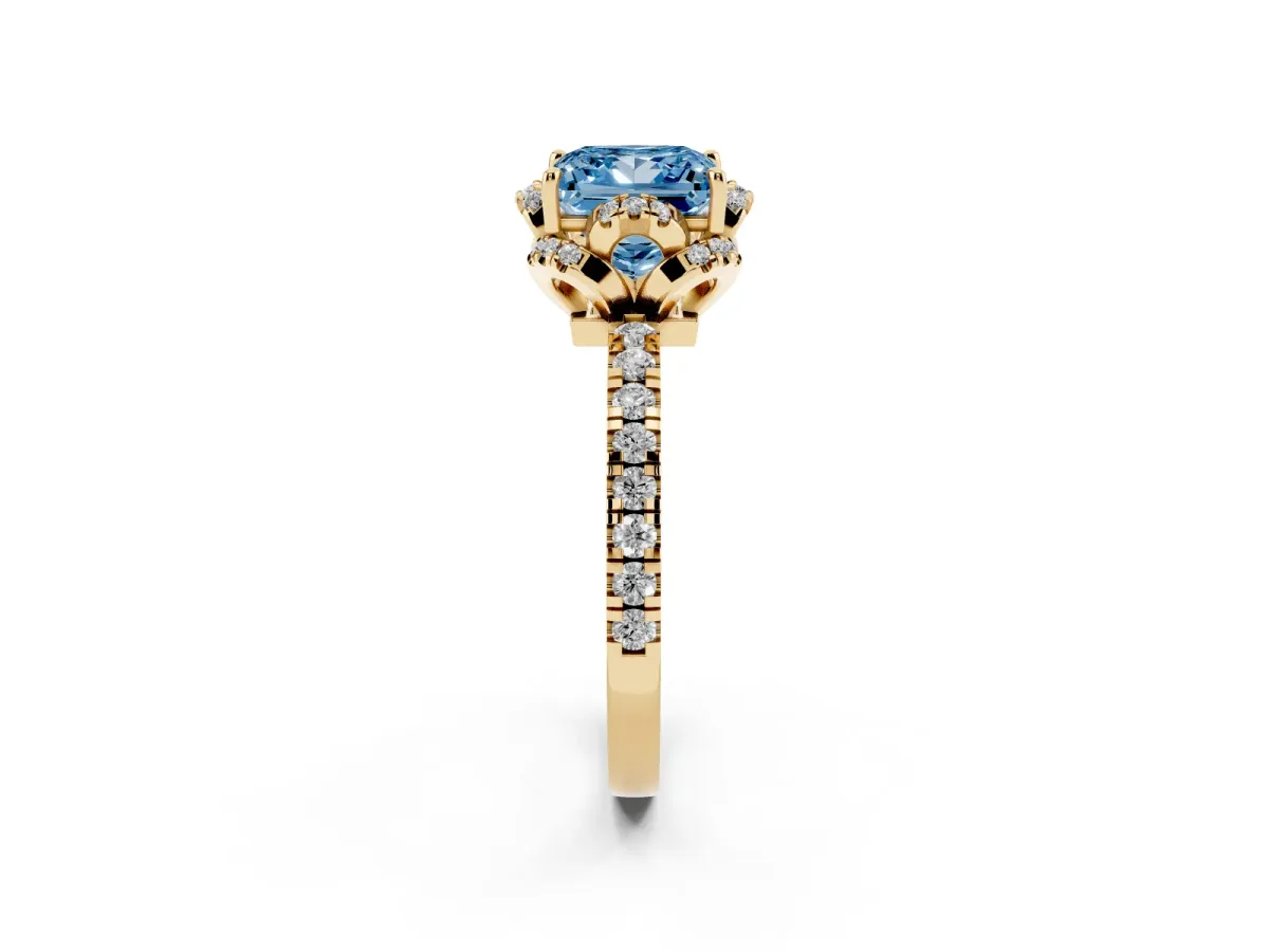Fancy Blue Princess Cut Halo Diamond Pave Band Ring with Four-Prong Setting Yellow gold