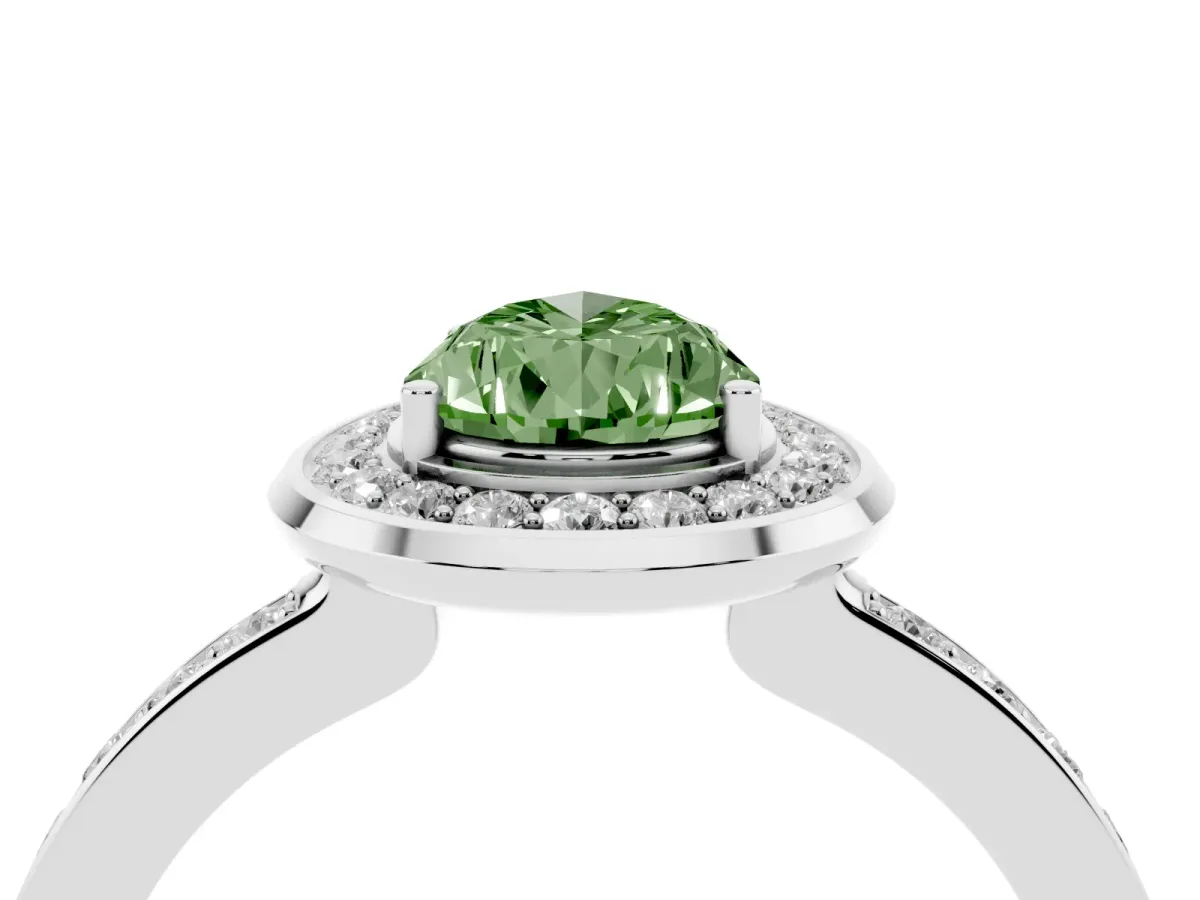 Fancy Green Pear Cut Diamond Halo Ring with Bezel Frame and Pavé Band Silver