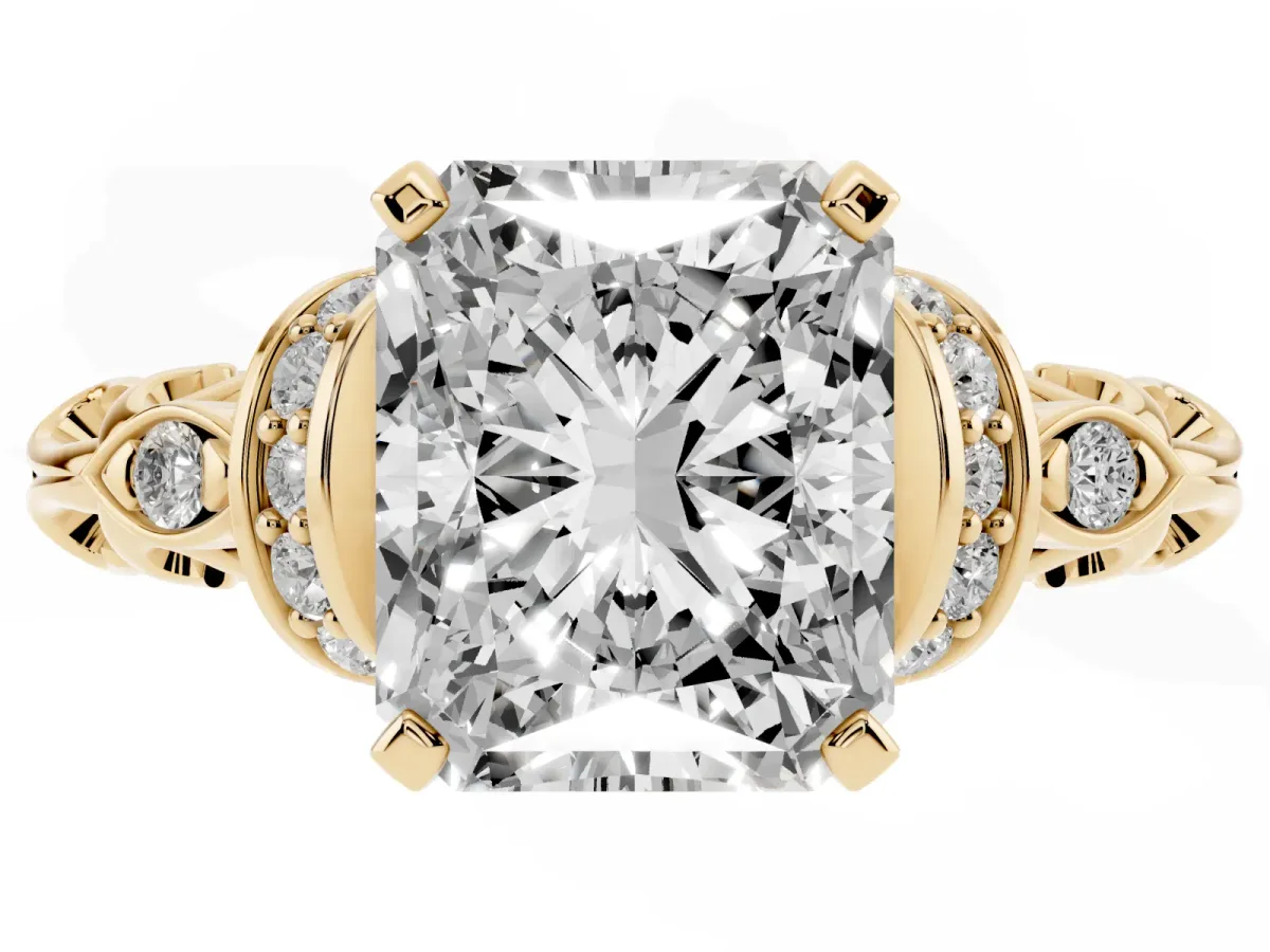 Radiant Cut Diamond Solitaire Ring with Filigree Band and Four-Prong Setting Yellow gold