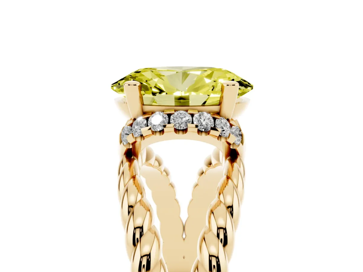 Fancy Yellow Oval Cut Halo Twisted Band Four-Prong Ring Yellow gold