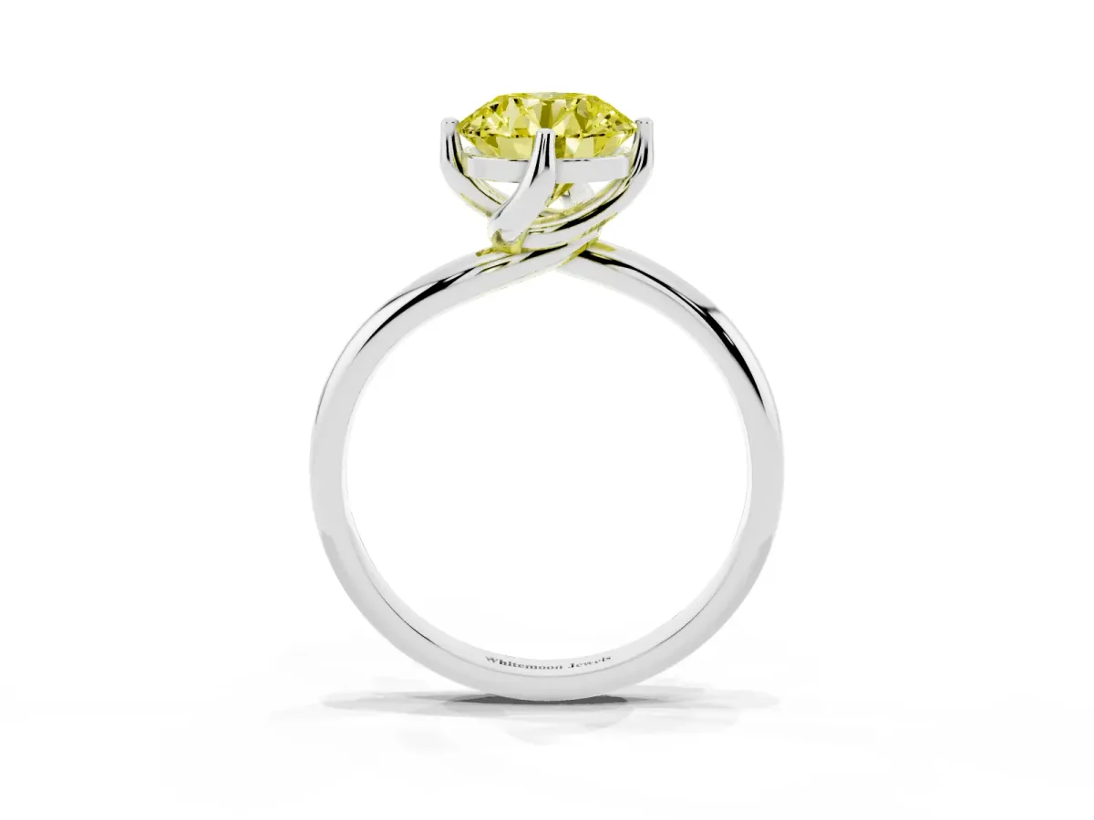 Fancy Yellow Round Cut Diamond Solitaire Engagement Ring with Four-Prong Setting and Classic Band Silver