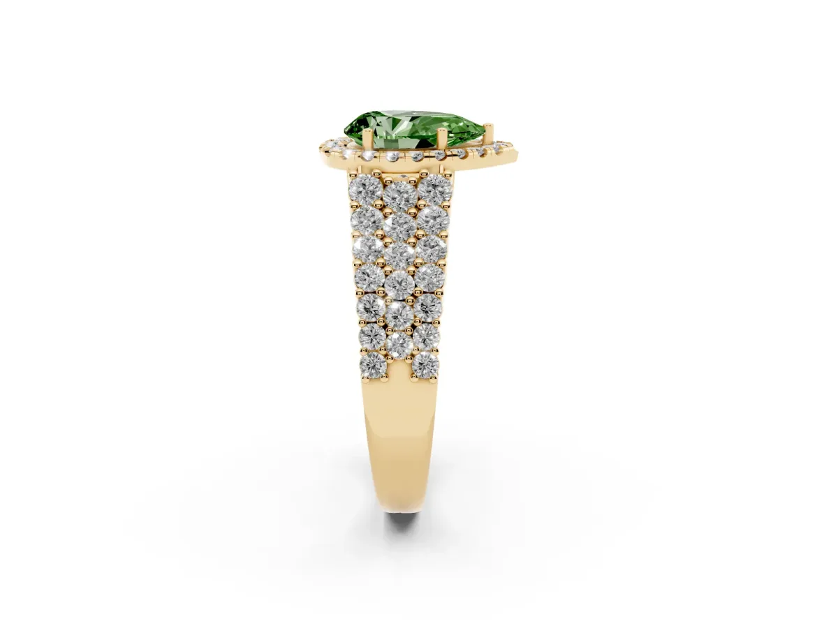 Fancy Green Pear Cut Diamond Halo Engagement Ring with Triple Row Round Pavé Band and Prong Setting Yellow gold