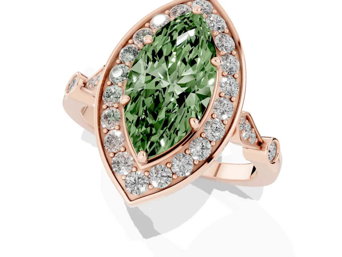 Fancy Green Marquise Cut Halo Diamond Engagement Ring with Twisted Band and Four-Prong Setting Rose gold