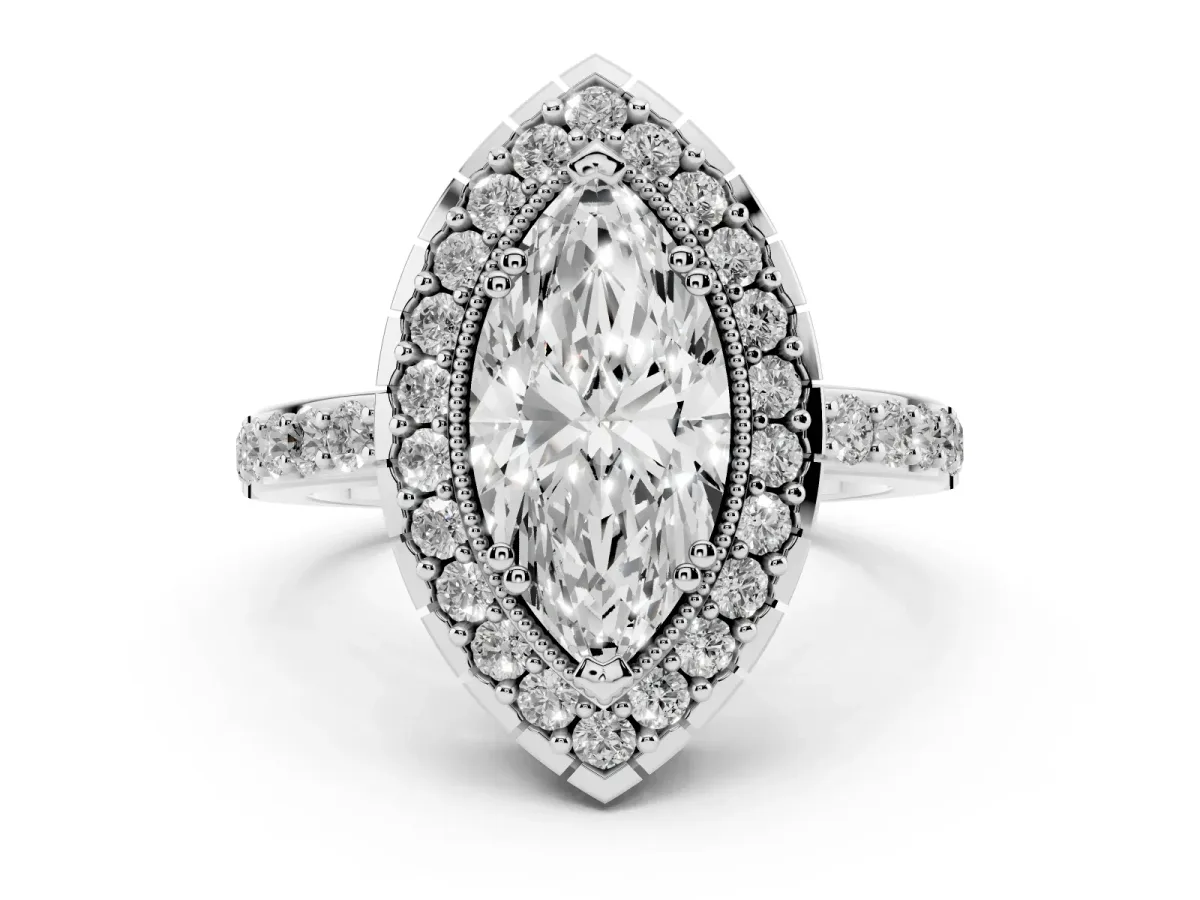 Marquise Cut Diamond Halo Ring with Pavé Band and Prong Setting White gold