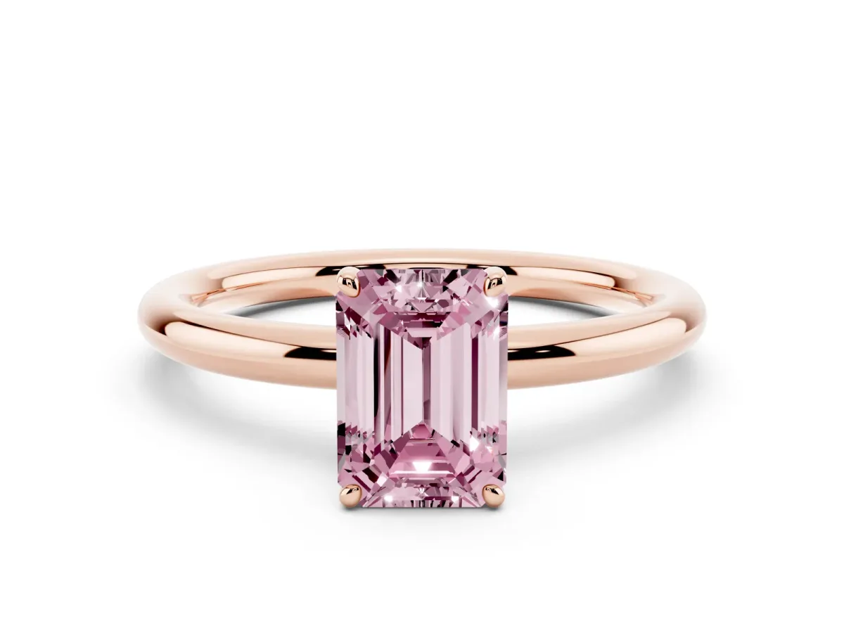 Fancy Pink Emerald Cut Solitaire Diamond Ring with Four-Prong Setting on a Plain Band Rose gold