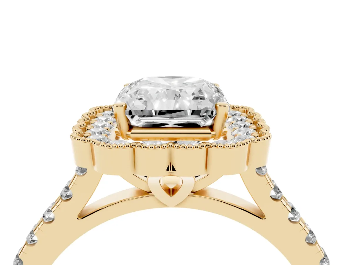 Radiant Cut Cut Diamond Milgrain Floral Halo Engagement Ring with Pavé Band Yellow gold