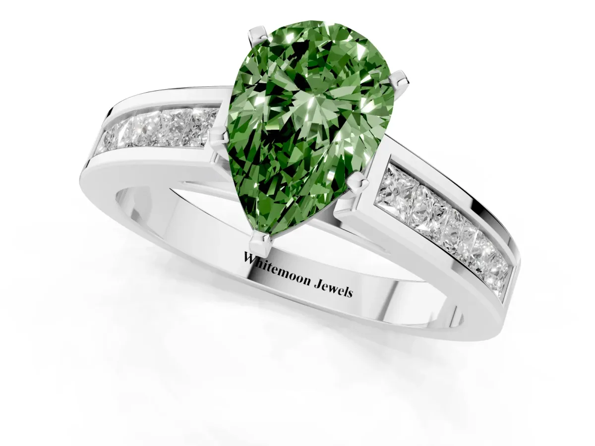 Fancy Green Pear Cut Solitaire Diamond Ring with Channel-Set Band and Four-Prong Setting Silver
