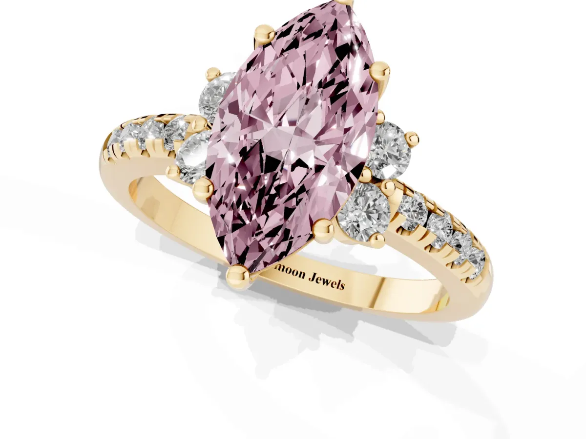 Fancy Pink Marquise Cut Diamond Three-Stone Pave Band with Four-Prong Setting Yellow gold