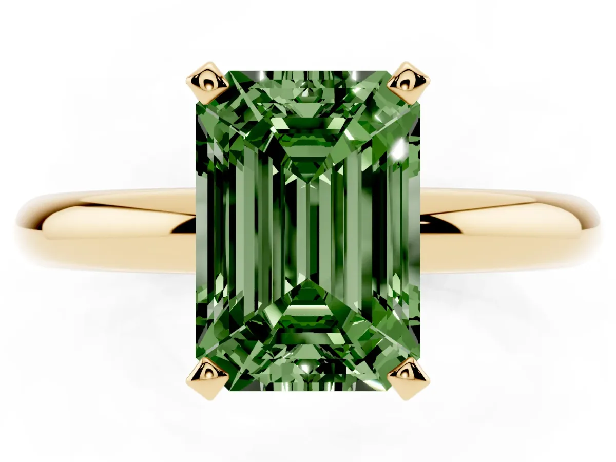Fancy Green Emerald Cut Diamond Solitaire Engagement Ring with Round Band and Four-Prong Setting Yellow gold