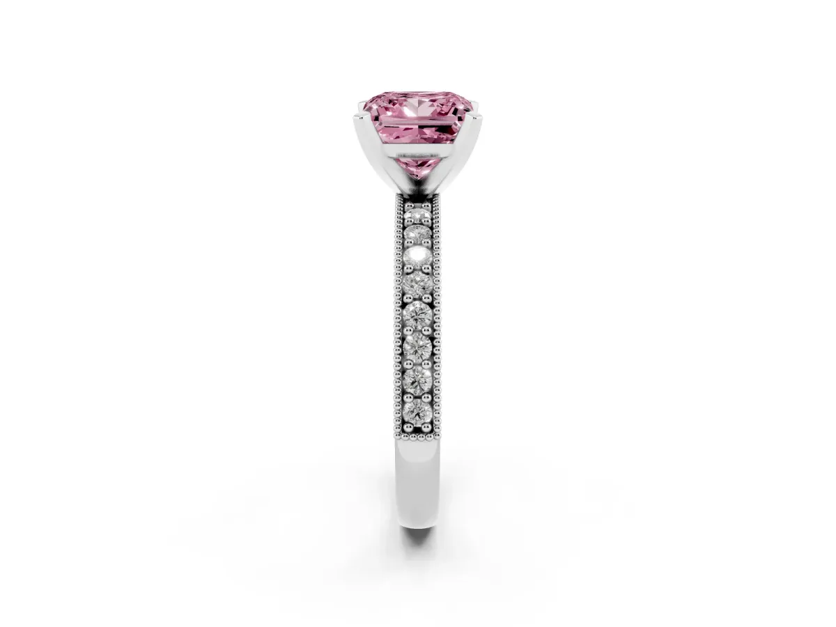 Fancy Pink Princess Cut Diamond Milgrain Pavé Engagement Ring with Four-Prong Setting Silver