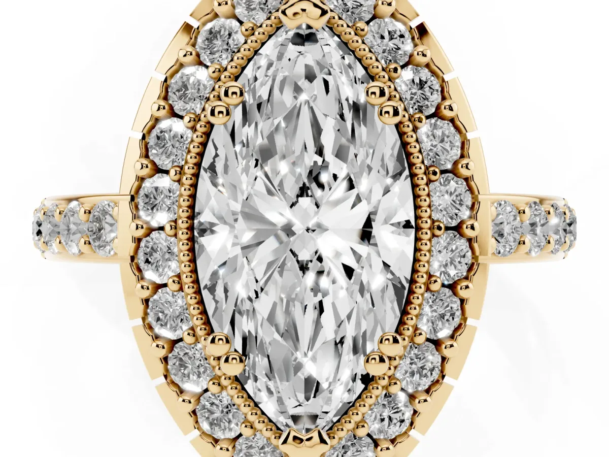 Marquise Cut Diamond Halo Ring with Pavé Band and Prong Setting Yellow gold