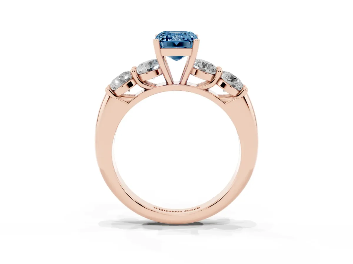 Fancy Blue Emerald Cut Cut Five-Stone Prong Set Diamond Ring with Classic Band Rose gold