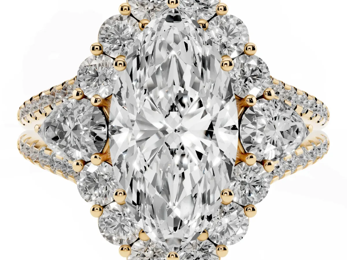 Marquise Cut Halo Split Shank Diamond Engagement Ring with Prong Setting Yellow gold