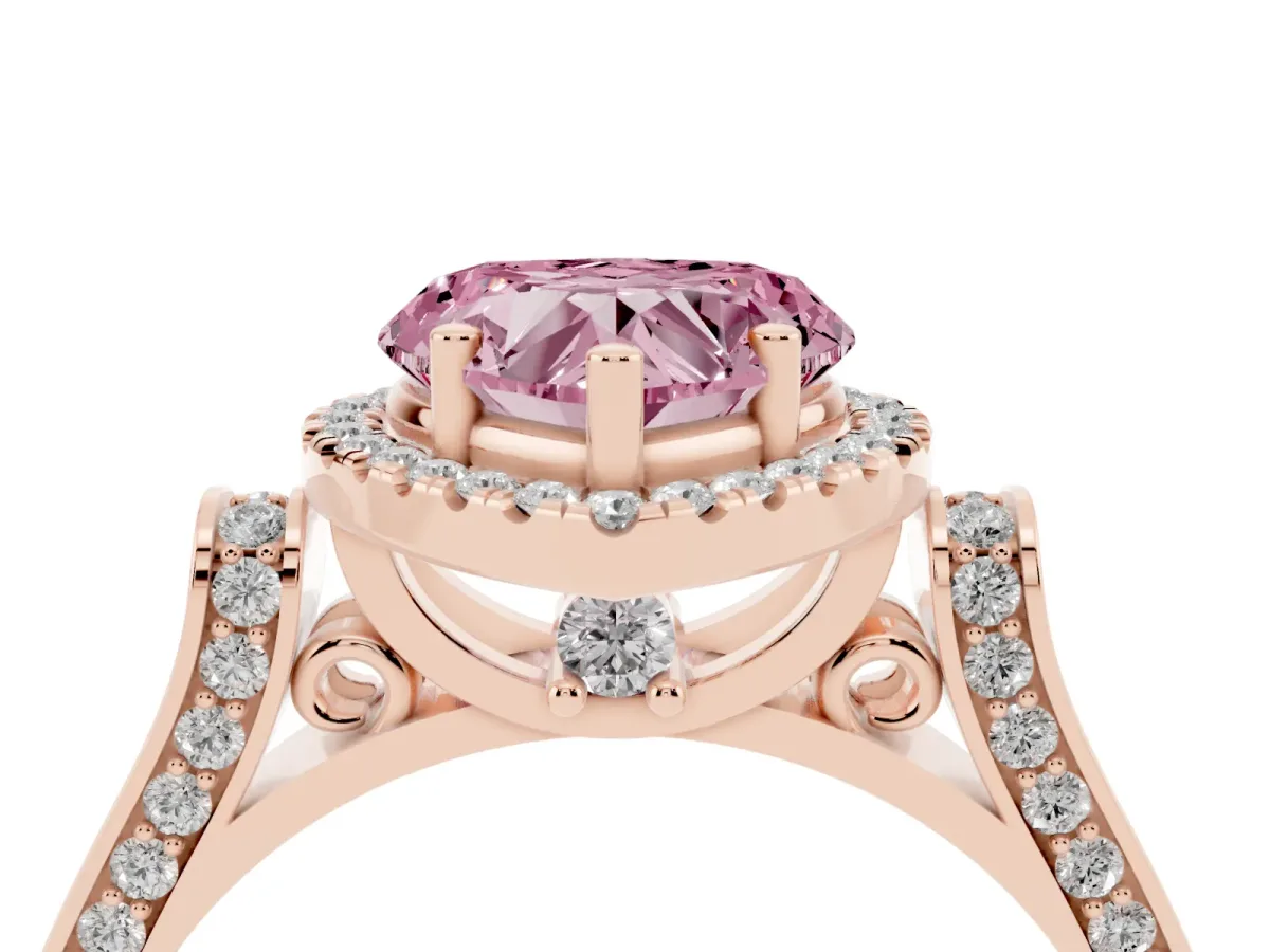 Fancy Pink Heart Cut Halo Round Diamond Twist Band with Four-Prong Setting Rose gold