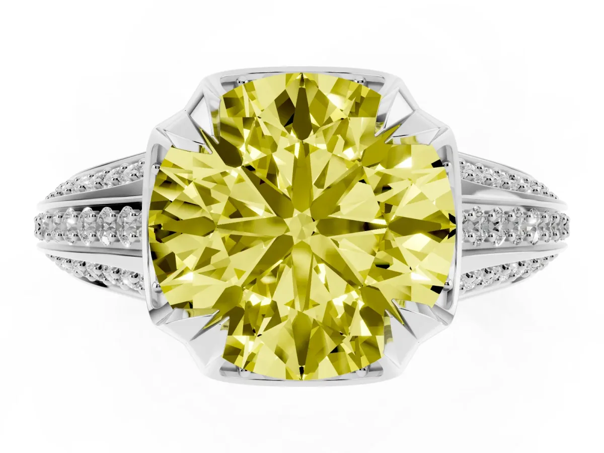 Fancy Yellow Round Cut Solitaire Pave Split Shank Ring with Four-Prong Setting Platinum