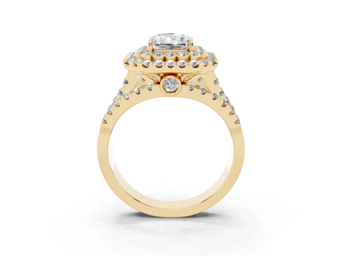 Radiant Cut Diamond Double Halo Ring with Round Pavé Split Shank and Prong Setting Yellow gold