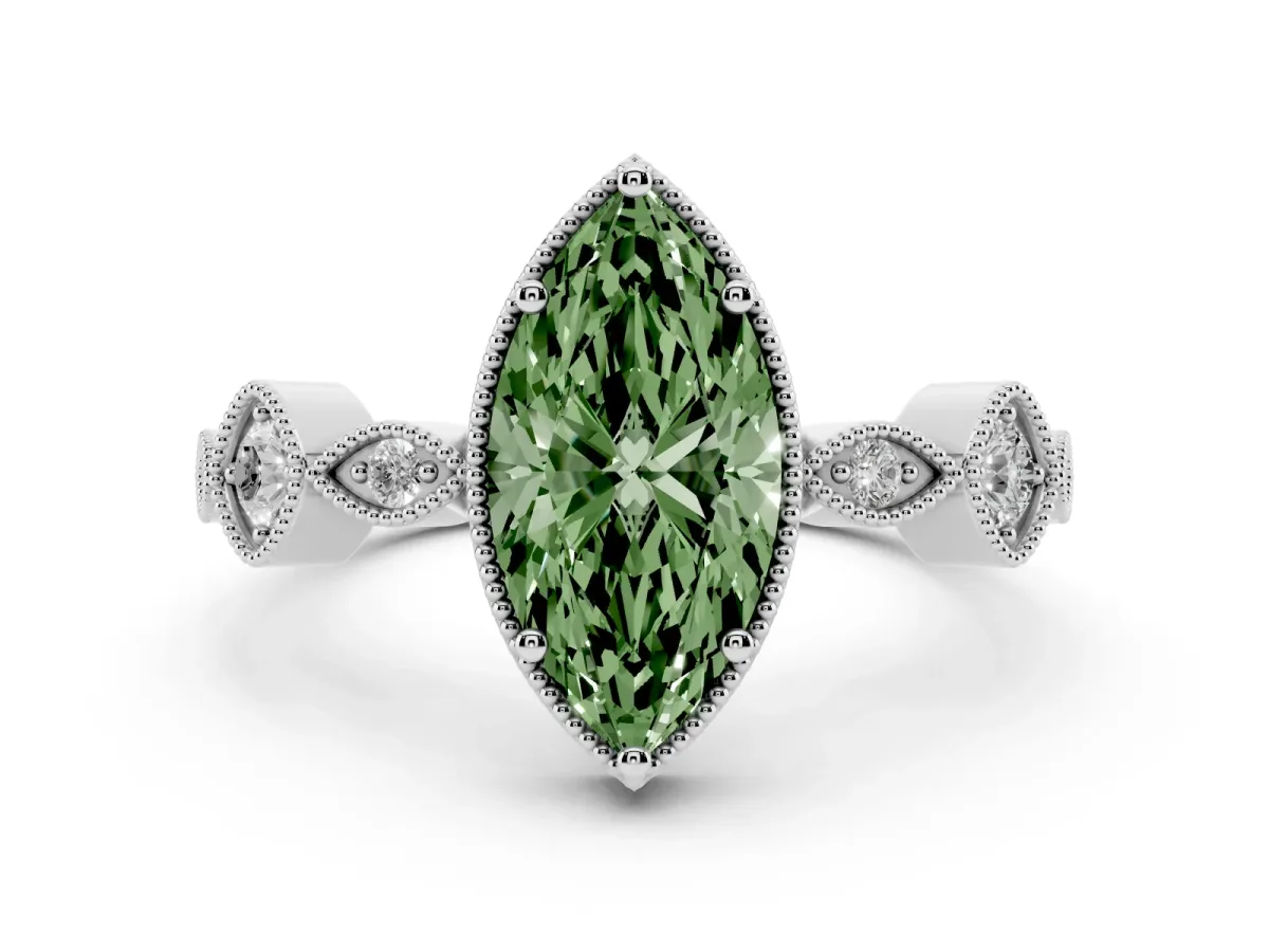 Fancy Green Marquise Cut Diamond Vintage Milgrain Ring with Round Stations Silver