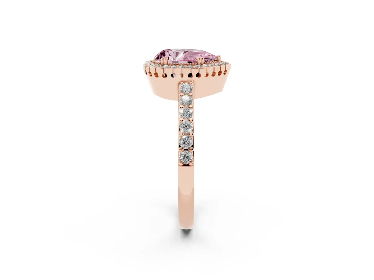 Fancy Pink Pear Cut Cut Diamond Halo Engagement Ring with Milgrain Detail and Pavé Band Rose gold