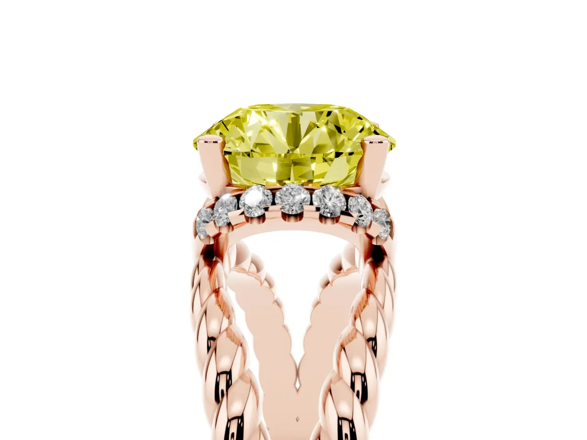 Fancy Yellow Round Cut Halo Twisted Band Four-Prong Ring Rose gold