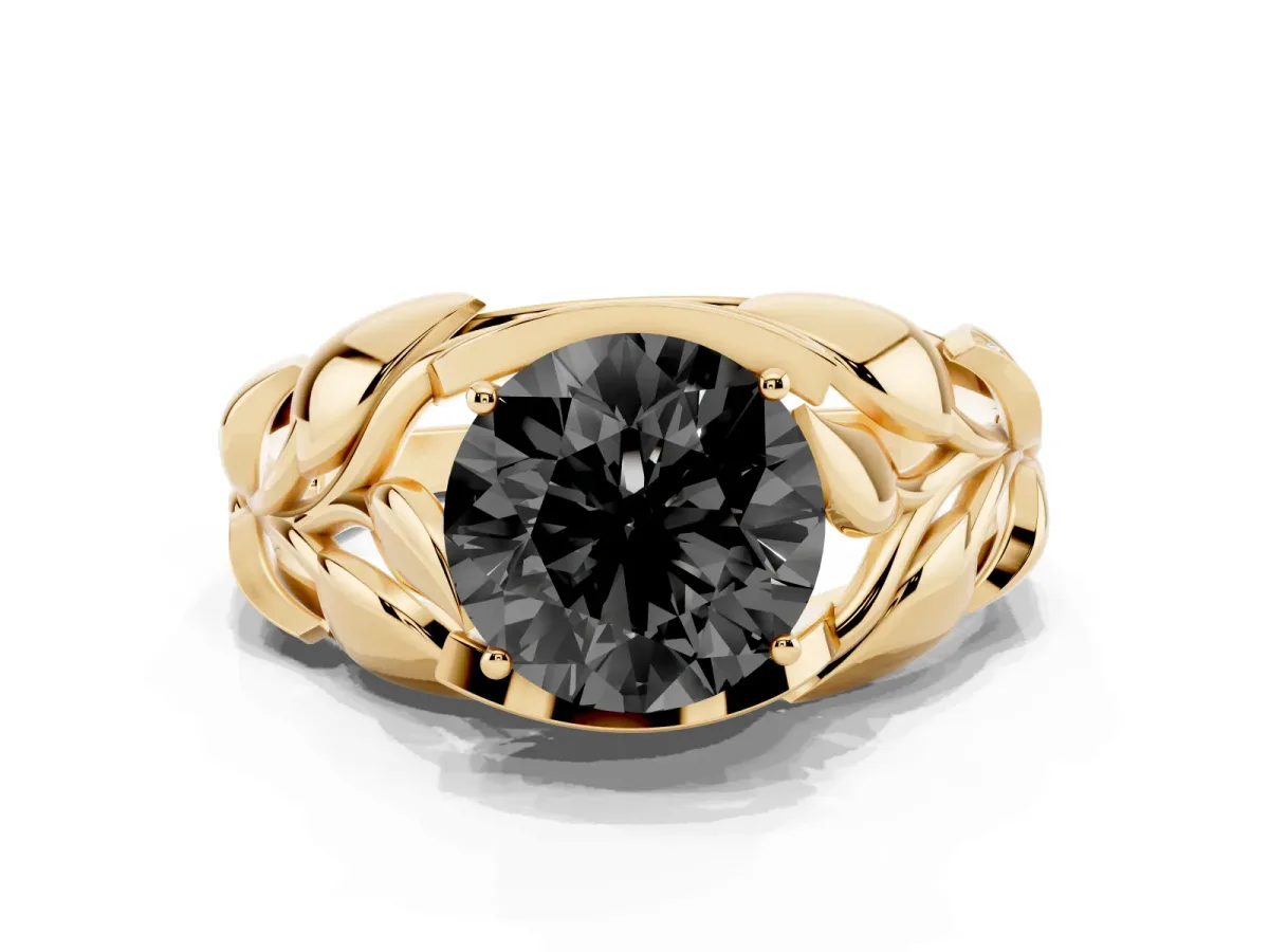 Fancy Black Round Cut Diamond Leaf-Inspired Engagement Ring with Round Accents and Prong Setting Yellow gold