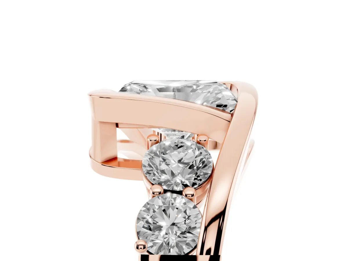 Bezel Set Radiant Cut Diamond Bypass Ring with Round Accents Rose gold