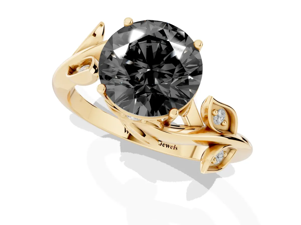 Fancy Black Round Cut Solitaire Twist Engagement Ring with Leaf Accents and Prong Setting Yellow gold