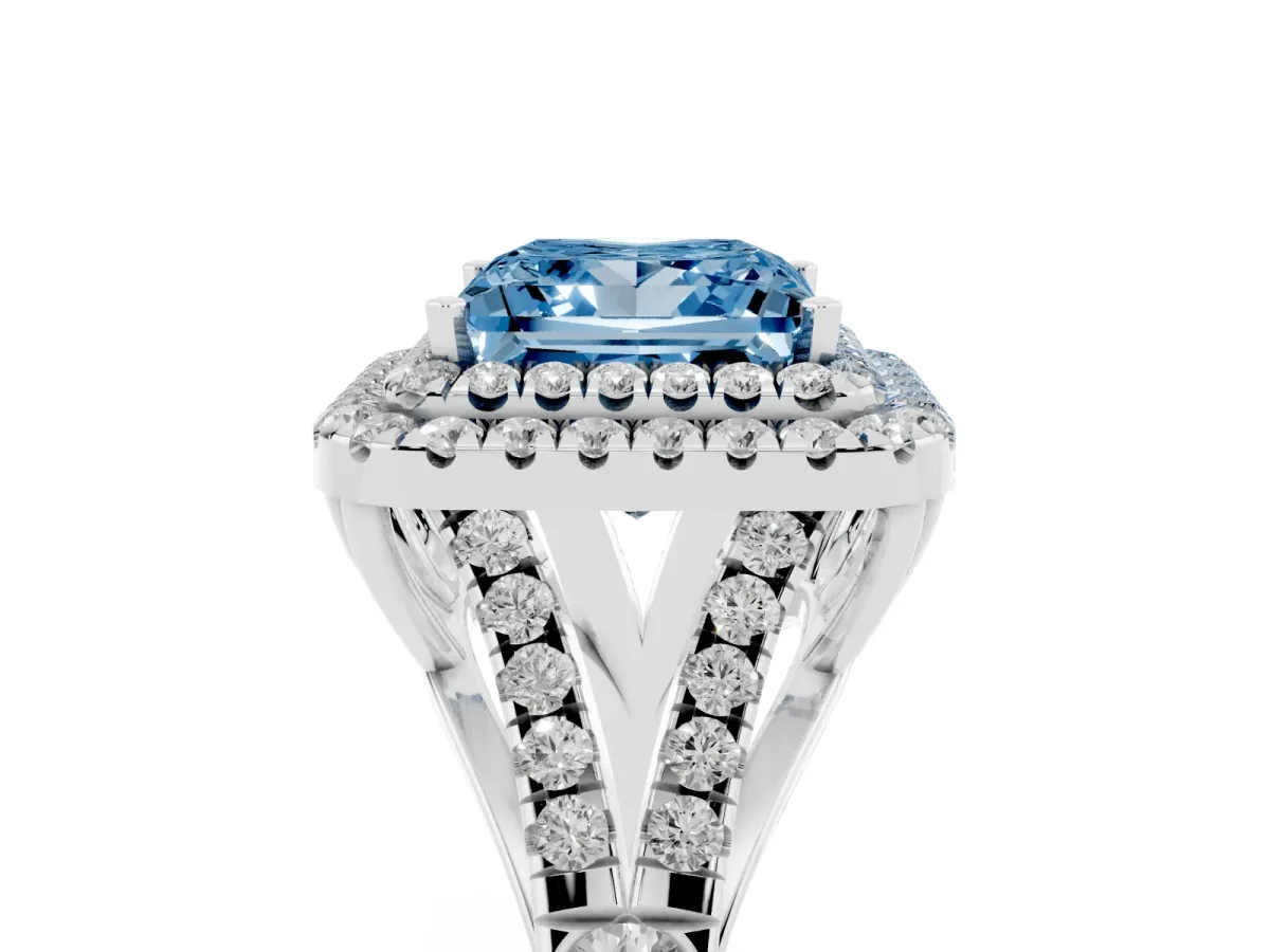 Fancy Blue Double Halo Princess Cut Diamond Split Shank Engagement Ring with Four-Prong Setting Platinum