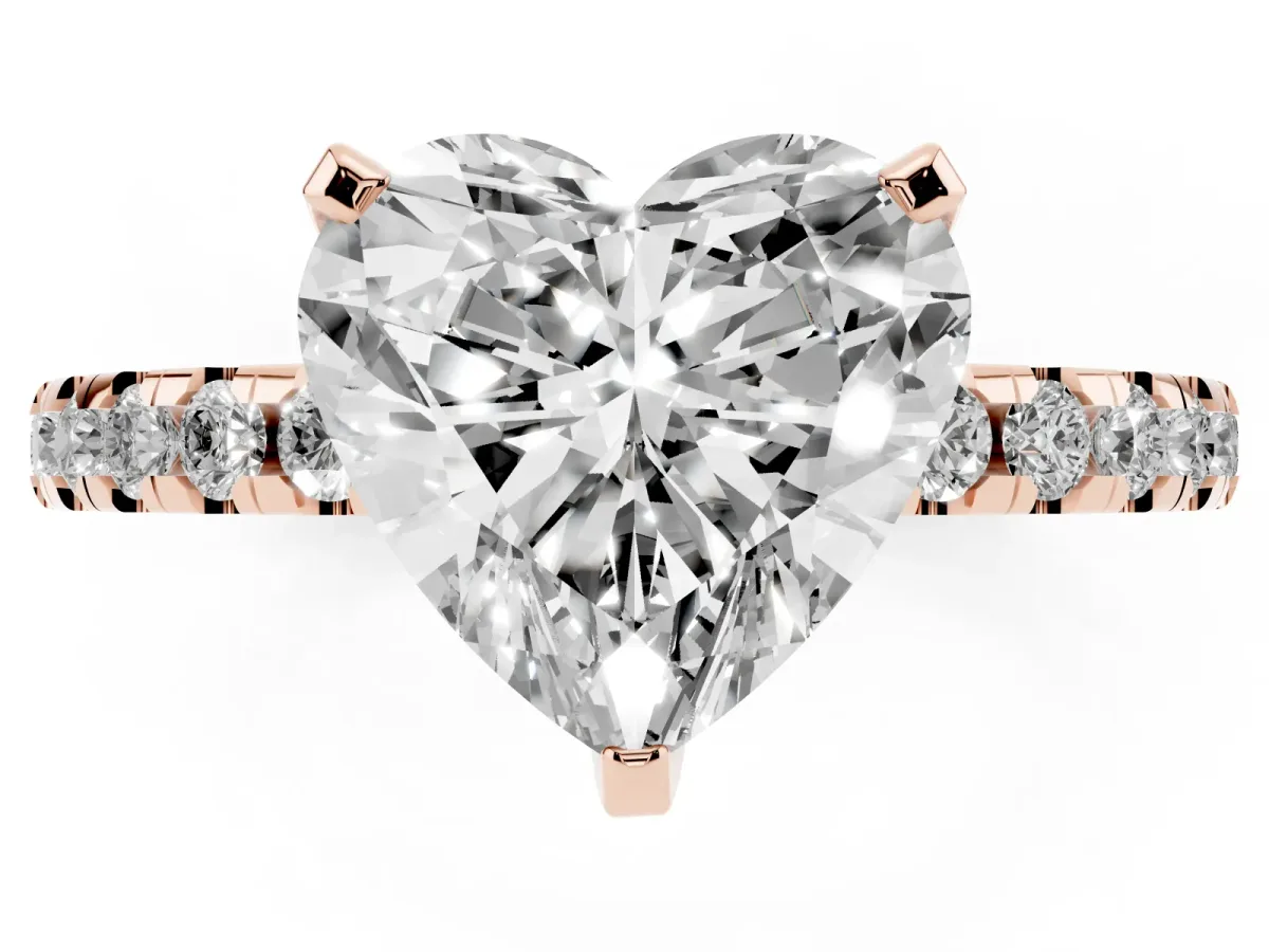 Heart Cut Diamond Solitaire Ring with Round Pavé Band and Four-Prong Setting Rose gold