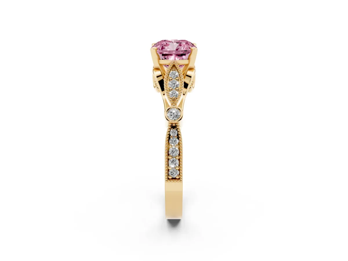 Fancy Pink Cushion Cut Cut Diamond with Milgrain Marquise and Bezel Accents on a Solitaire Band with Prong Setting Yellow gold