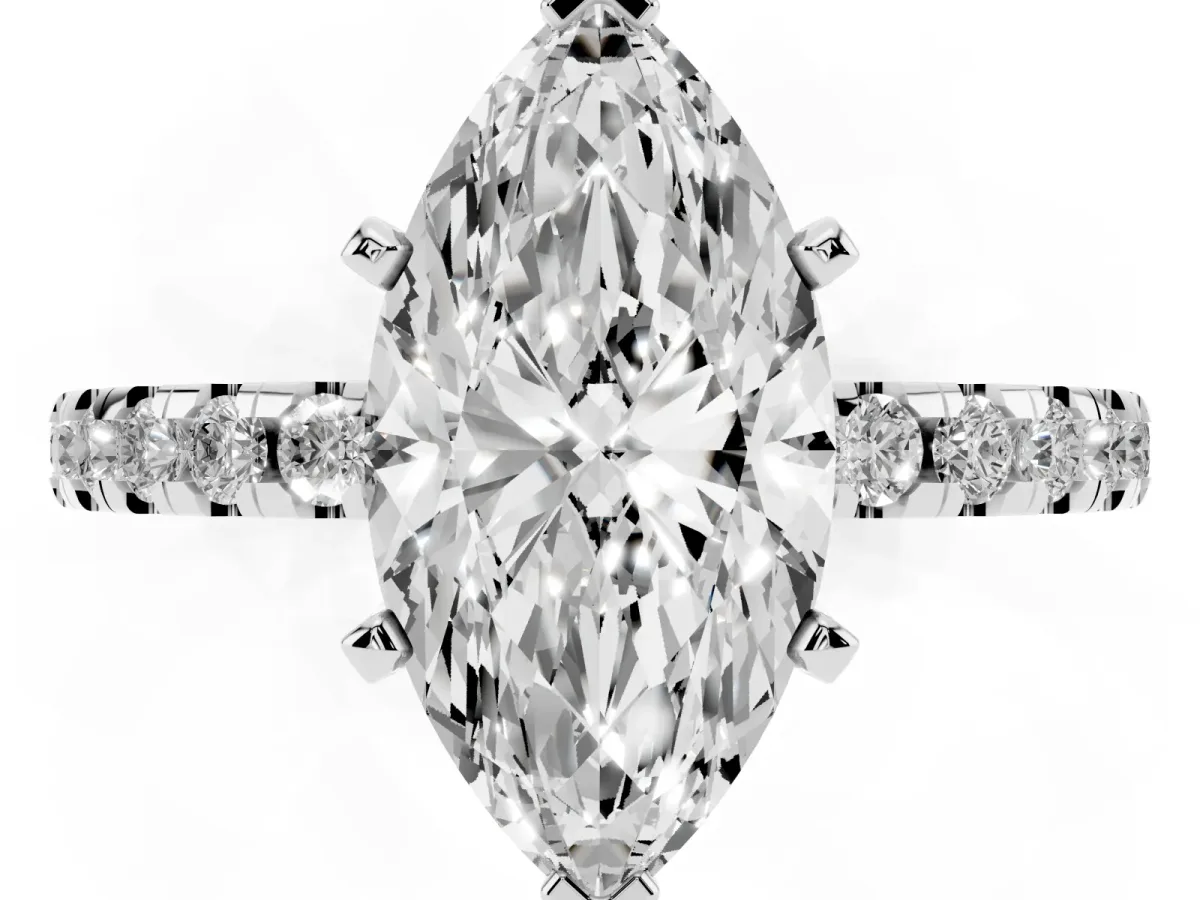 Marquise Cut Diamond Solitaire Ring with Round Pavé Band and Four-Prong Setting Silver