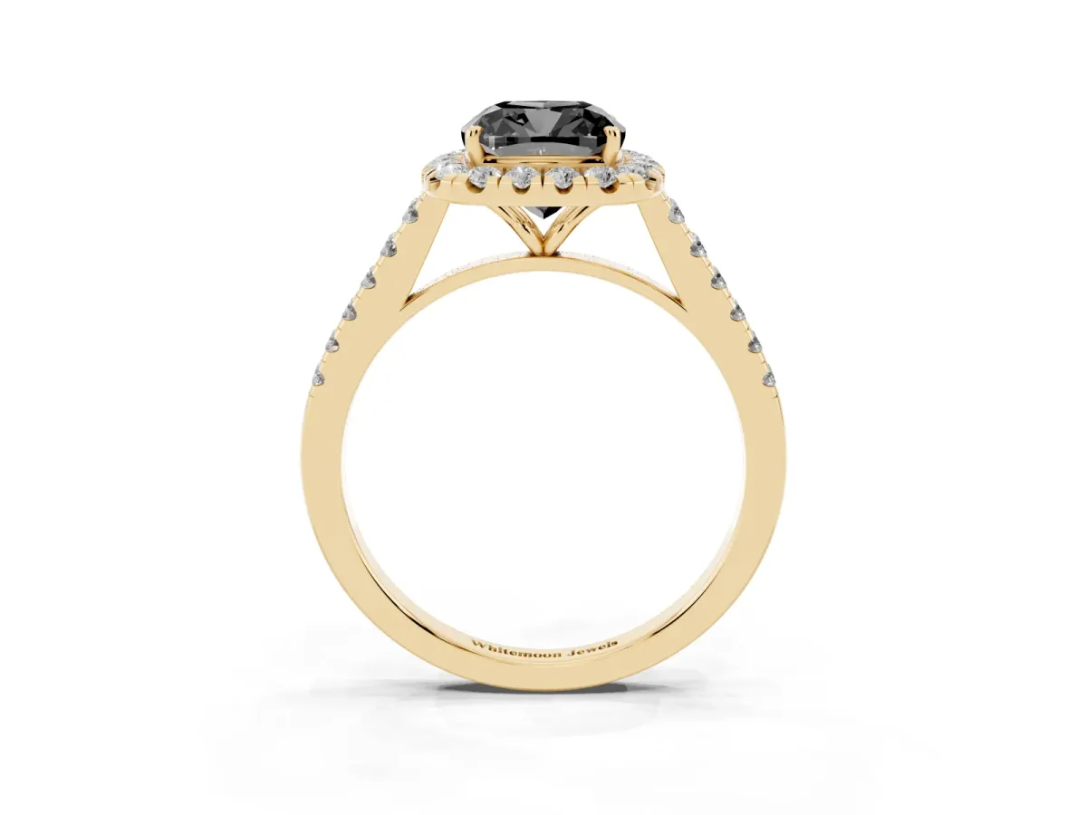 Fancy Black Cushion Cut Halo Pave Diamond Engagement Ring with Four-Prong Setting Yellow gold