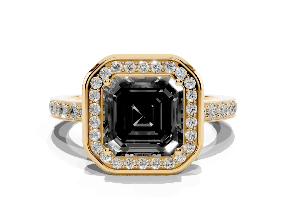 Fancy Black Asscher Cut Diamond Halo Ring with Bezel Frame and Pavé Band Yellow gold