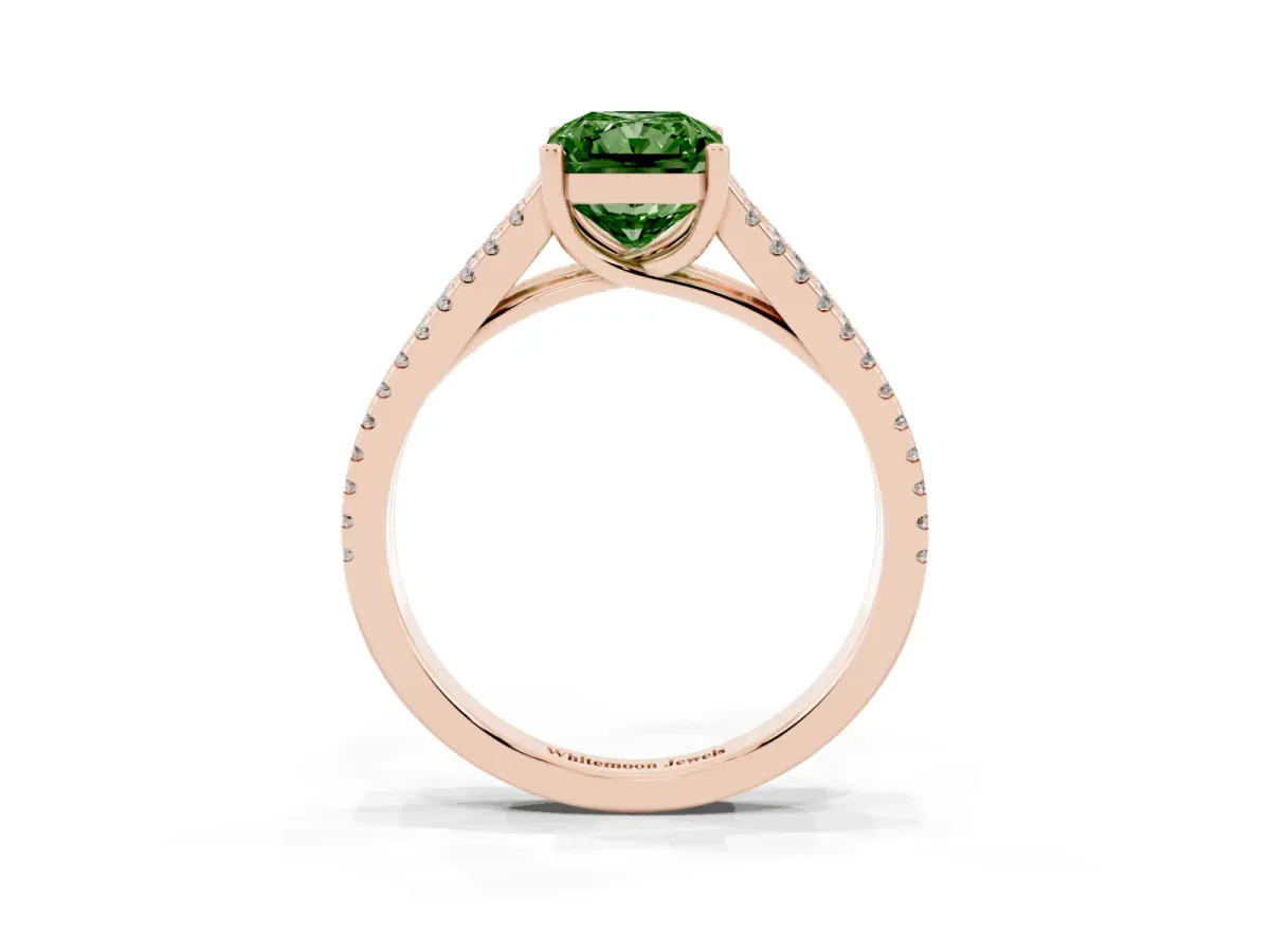 Fancy Green Radiant Cut Diamond Solitaire Engagement Ring with Split Shank Pavé Band Rose gold