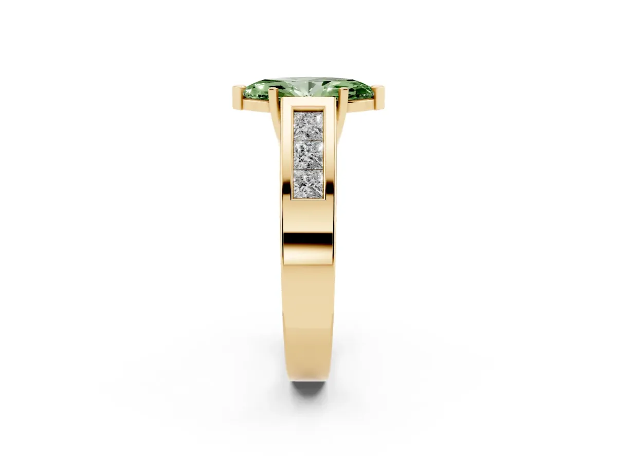 Fancy Green Marquise Cut Cut Channel Set Solitaire Ring with Four-Prong Setting Yellow gold