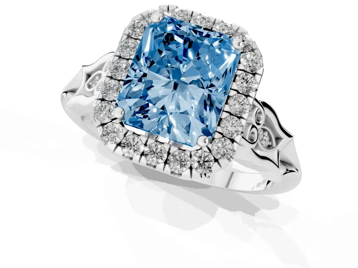 Fancy Blue Radiant Cut Halo Diamond Engagement Ring with Filigree Band and Four-Prong Setting Platinum