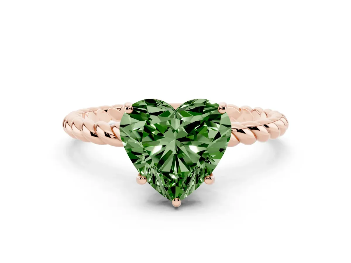 Fancy Green Heart Cut Solitaire Twist Band Ring with Four-Prong Setting Rose gold