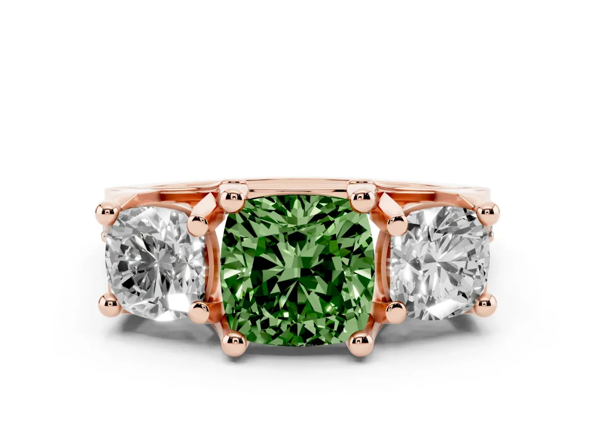 Fancy Green Cushion Cut Diamond Three-Stone Ring with Channel Set Band and Four-Prong Setting Rose gold