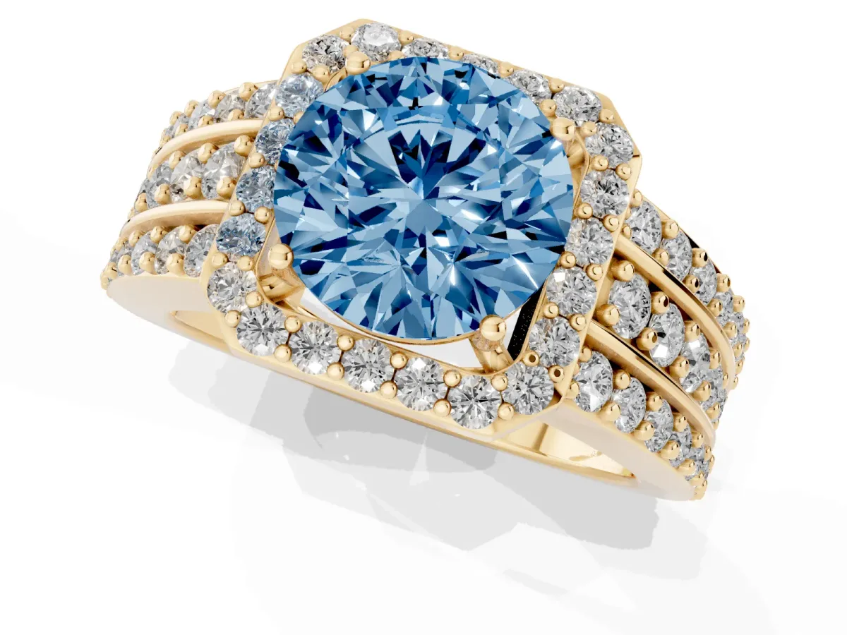 Fancy Blue Round Cut Halo Diamond Ring with Round Split Shank and Prong Setting Yellow gold