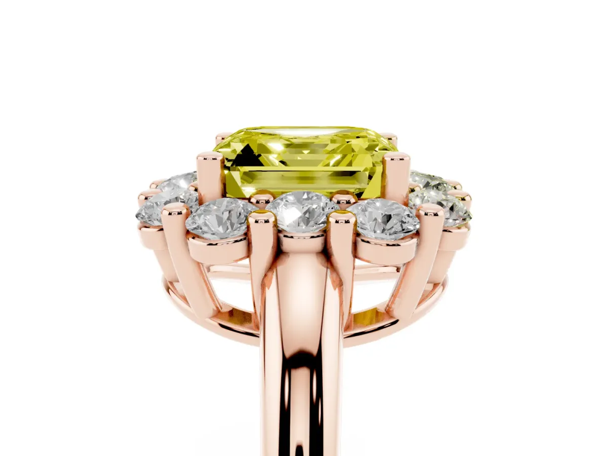 Fancy Yellow Asscher Cut Halo Cluster Diamond Engagement Ring with Prong Setting and Polished Band Rose gold