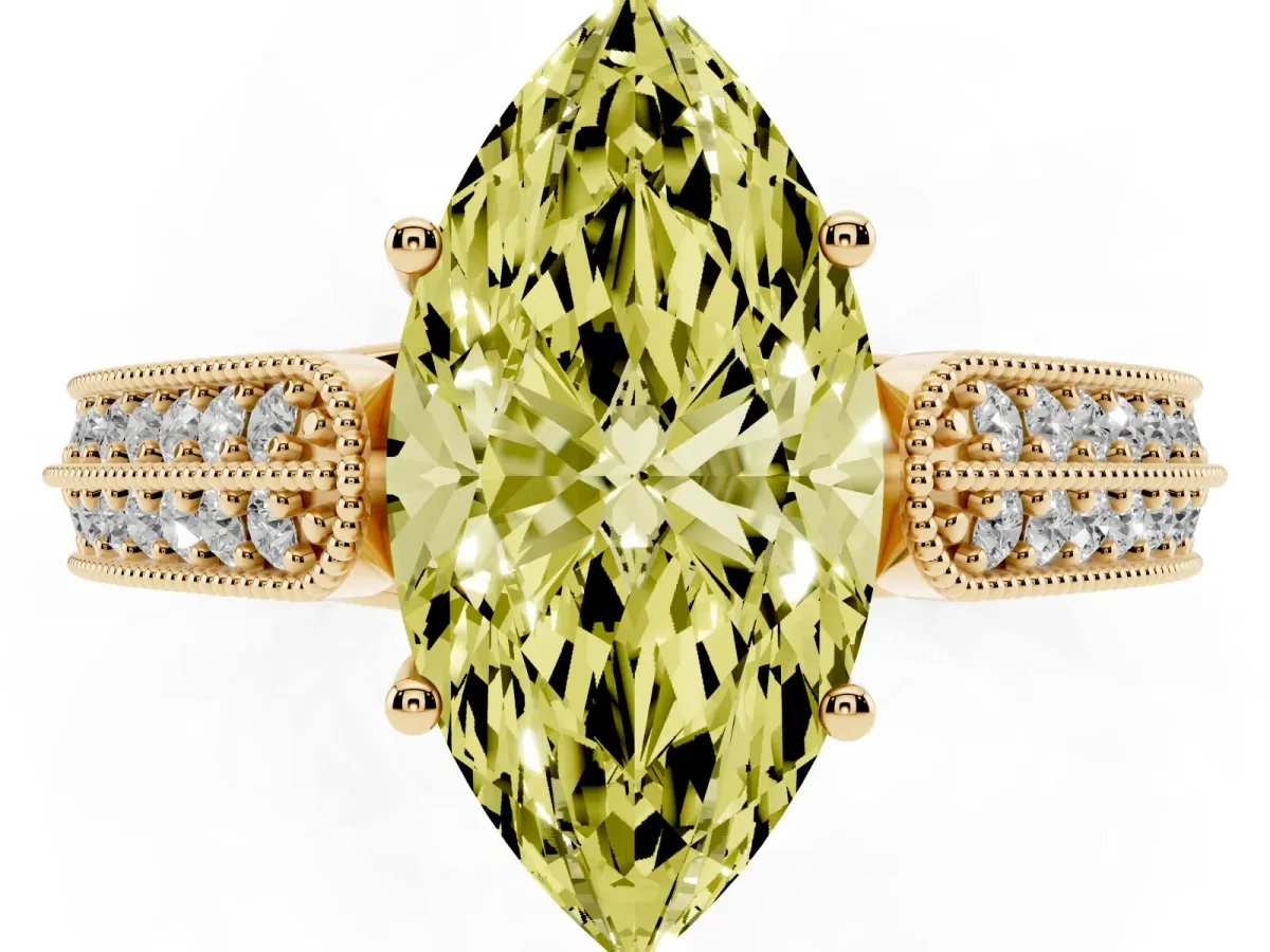 Fancy Yellow Marquise Cut Cut Pave Split Shank Engagement Ring with Four-Prong Setting Yellow gold