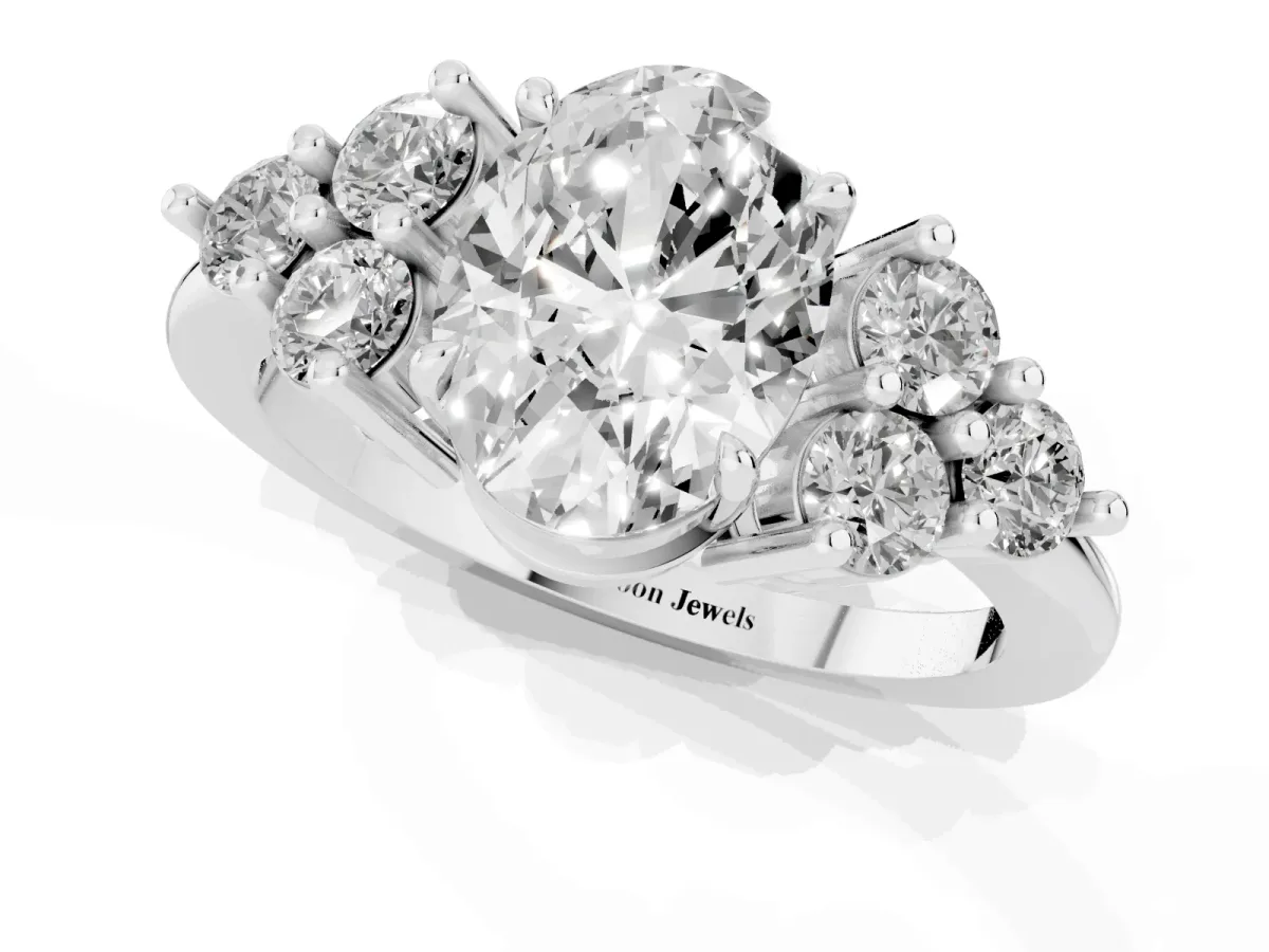 Oval Cut Brilliant Diamond Cluster Accent Solitaire Ring with Prong Setting Platinum