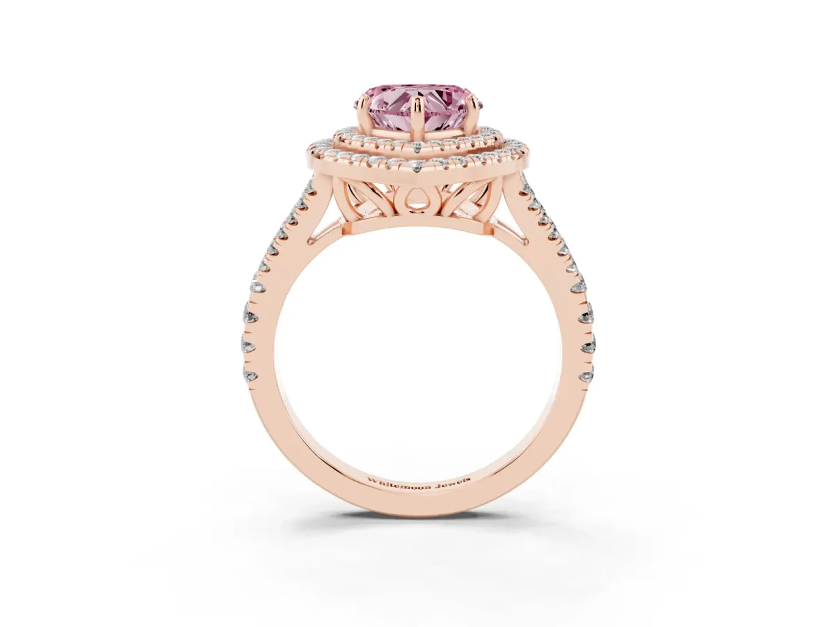 Fancy Pink Heart Cut Diamond Double Halo Ring with Pavé Band and Prong Setting Rose gold