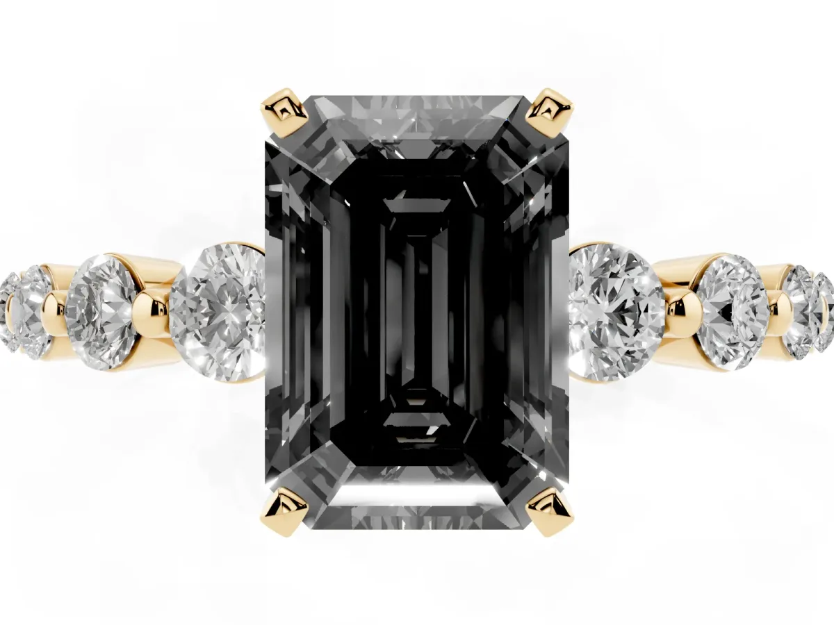 Fancy Black Emerald Cut Solitaire Diamond Ring with Pave Band and Four-Prong Setting Yellow gold