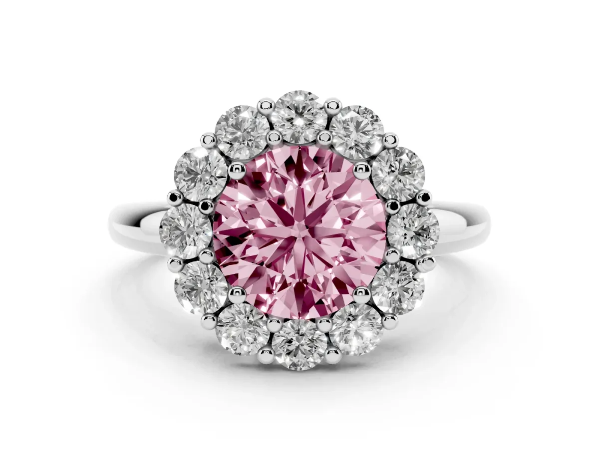 Fancy Pink Round Cut Halo Cluster Diamond Engagement Ring with Prong Setting and Polished Band White gold