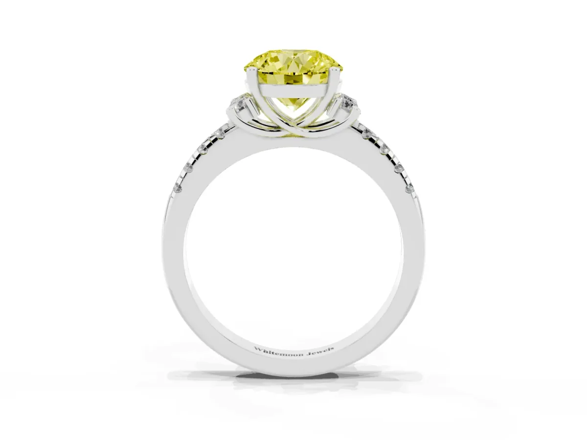 Fancy Yellow Round Cut Diamond Three-Stone Pave Band with Four-Prong Setting Silver