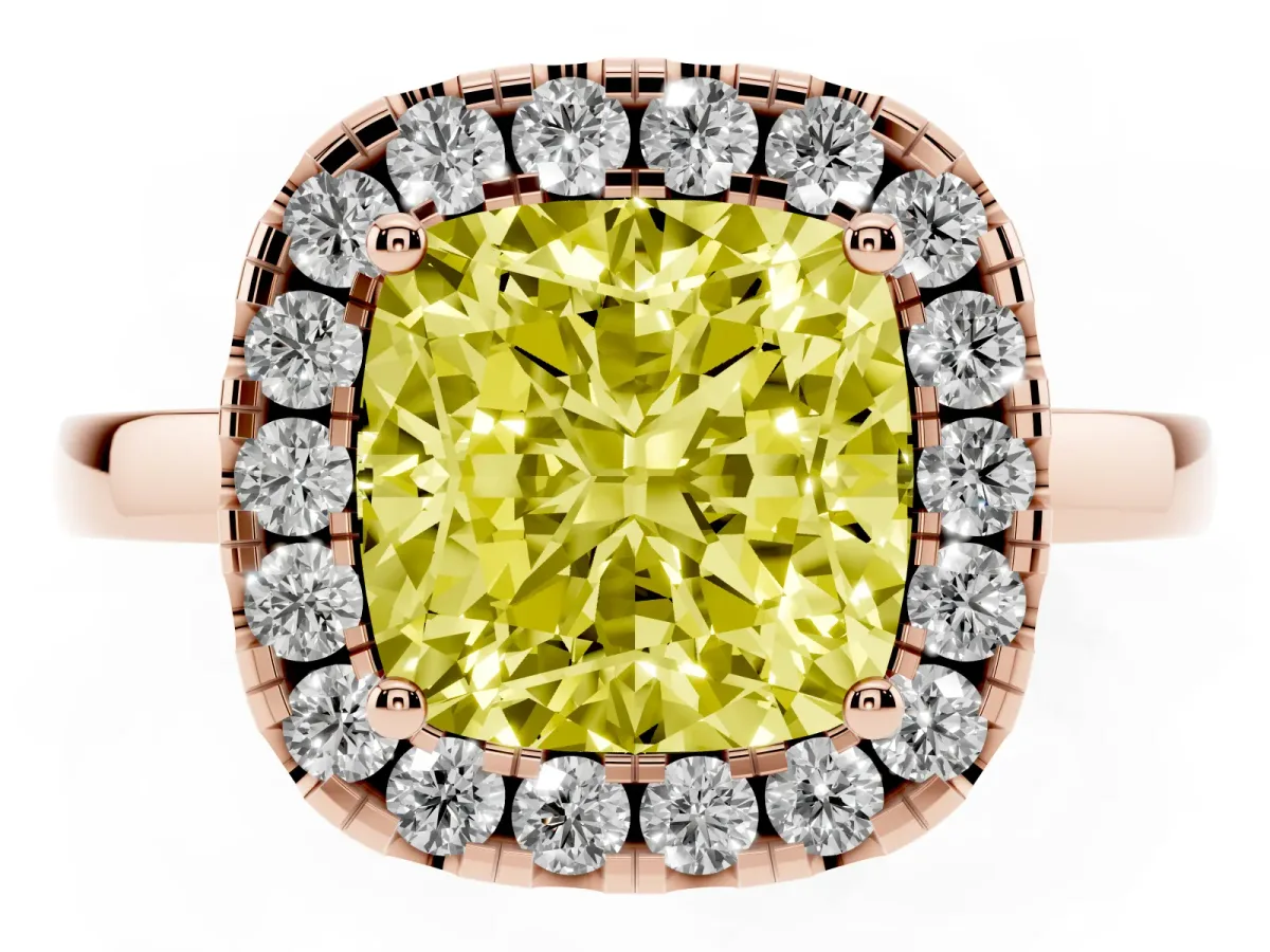 Fancy Yellow Cushion Cut Halo Diamond Solitaire with Pavé Band and Four-Prong Setting Rose gold